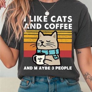 Cat and Coffee Graphic T-Shirt - Black